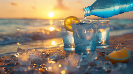 Beachside Hydration,Bottle of Water by the Sandy Shore,Coastal Refreshment, Quenching Thirst with Water on the Beach,Sandy Serenity,Enjoying a Bottle of Water by the Seashore,Ocean Oasis. - Powered by Adobe