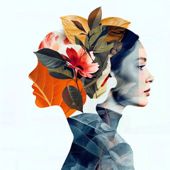 Double exposure portrait of beautiful woman with flowers in her hair and face