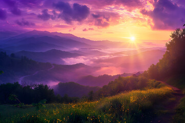 Fototapeta na wymiar Captivating Sunrise over the Smoky Mountains: A Quintessential Depiction of North Carolina Tourism