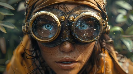 A steampunk explorer, clad in brass goggles and leather gear, delving into the depths of a forgotten jungle temple overrun by lush foliage and ancient mechanisms - obrazy, fototapety, plakaty