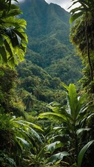 Fototapeta na wymiar Lush tropical mountain scenery peeking through foliage.