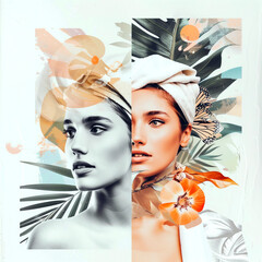 Portrait of a beautiful young woman with tropical flowers. Spa, healthcare.