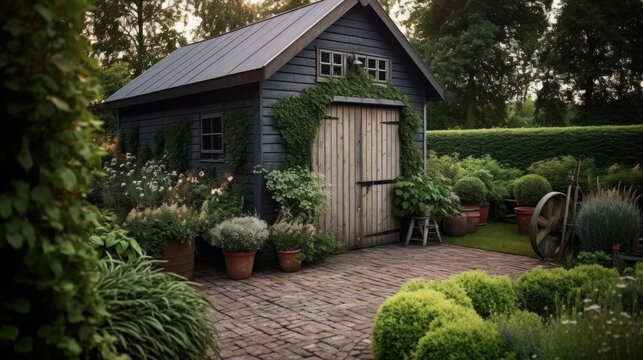 Charming little house situated on the edge of a shady garden.AI generated image