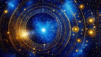 Obraz premium 深い青 明るい光 宇宙 星空 抽象的 神秘的 ゴールド