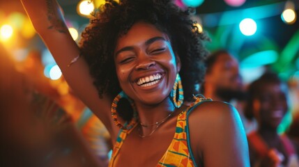 Happy black woman dancing while attending music festival at night and looking at camera - obrazy, fototapety, plakaty