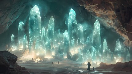 A subterranean world lit by glowing crystals, where strange creatures with bioluminescent features...
