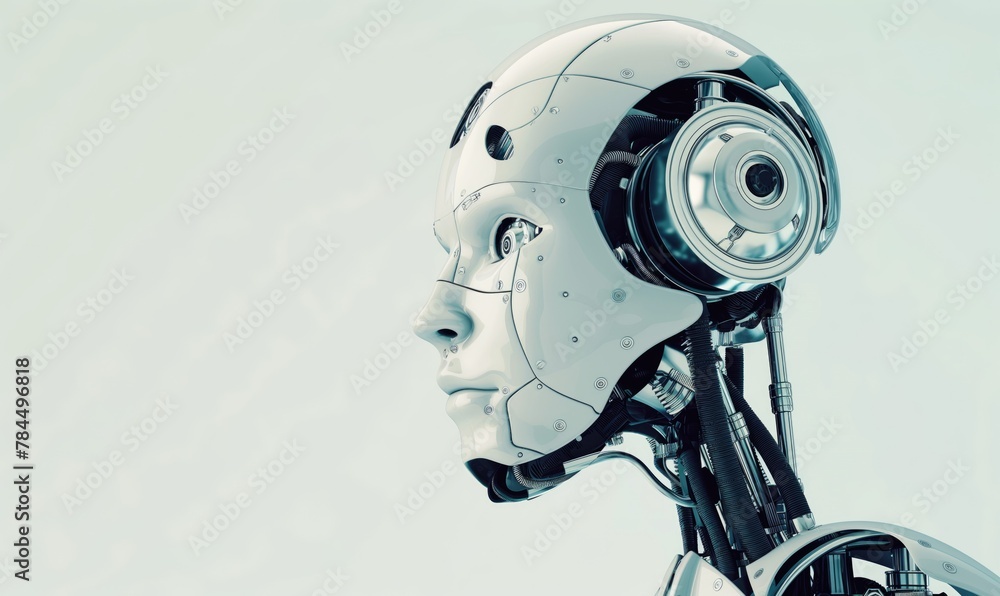 Poster white glossy android robot or cyborg head artificial intelligence with light white copyspace from ne