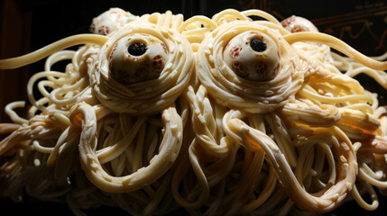 Flying spaghetti monster, symbol of Pastafarianism, atheism, on dark background