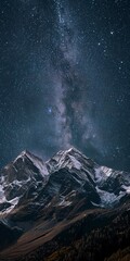 Mountain, Night Sky and Stars: Nighttime mountain scenes with clear skies, stars, and sometimes the Milky Way. Close Up.  - obrazy, fototapety, plakaty