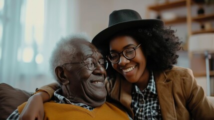 Fototapeta premium Happy black woman visiting her senior father in nursing home