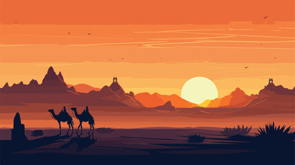 Fototapeta na wymiar Shilouette desert view and camels flat design illustration