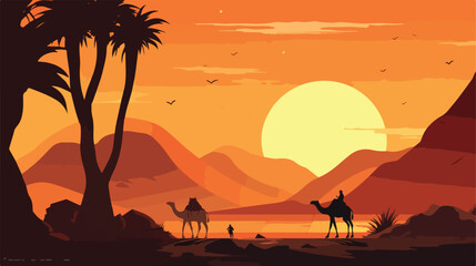 Shilouette desert view and camels flat design illustration