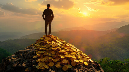 Man standing on pile of golden coins, on top of a mountain, dreams of being rich - obrazy, fototapety, plakaty
