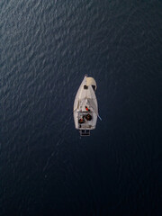Aerial birds-eye view of people sailing on the lake
