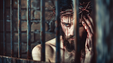 Portrait of Jesus Christ with crown of thorns - obrazy, fototapety, plakaty