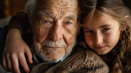 An elderly man with a long white beard and blue eyes is sitting next to a young girl with brown hair and green eyes. The man is smiling and has his arm around the girl's shoulder. The girl is looking
