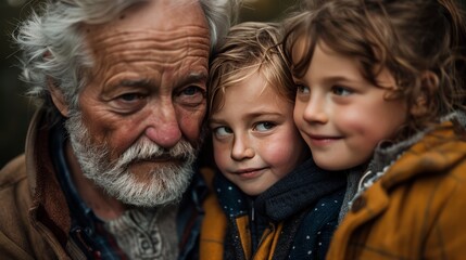 An old man with a long white beard and two young children, a boy and a girl, with happy expressions...
