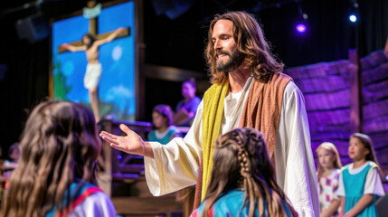 Jesus Christ as a motivational speaker at some event for children