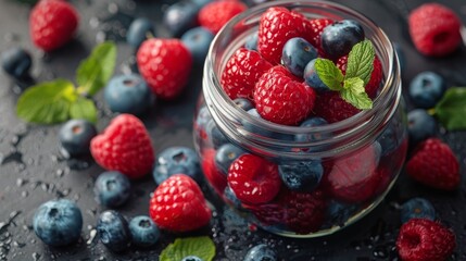 Jar Filled With Blueberries and Raspberries