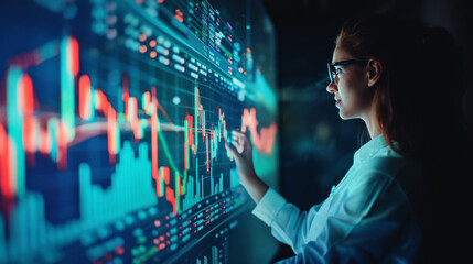 Woman looking at market graph - cryptocurrency investment, trading concept - high yield, high risk asset