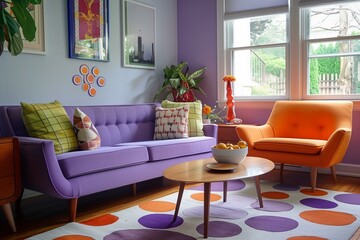 modern colorful livingroom, retro inspired, lavender purple, orange
