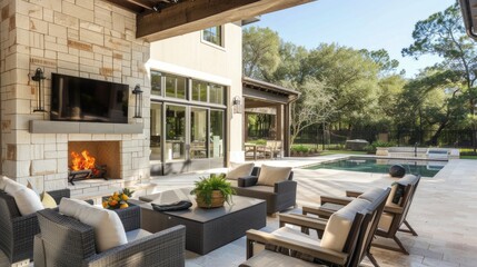 Outdoor patio-themed images capture the charm and allure of outdoor living, with thoughtfully designed patios that extend the living space of the home, offering opportunities for leisure - obrazy, fototapety, plakaty