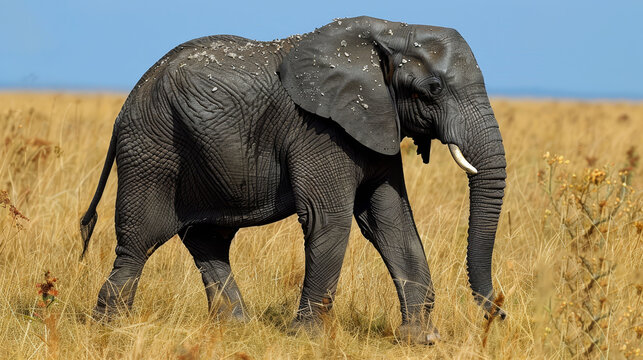   An elephant traverses a golden field of dry grass Above, a clear blue sky stretches out In the foreground, an orange dot catches the eye