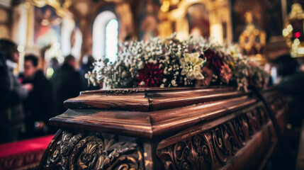 Coffin decorated with flowers during funeral viewing in church - obrazy, fototapety, plakaty
