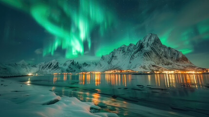 Green aurora borealis over fjord and mountains