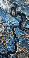 Glacial melt paths, close up, aerial view, intricate water networks 
