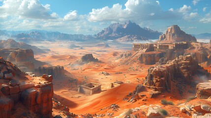 A vast desert landscape stretching out to the horizon, dotted with ancient ruins and half-buried artifacts from civilizations long forgotten