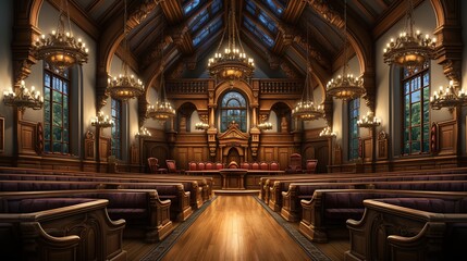 Fototapeta premium A Realistic and Detailed Interior of a Courtroom