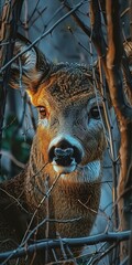 Fototapeta premium Deer through trees, close up, cautious gaze, twilight, serene 