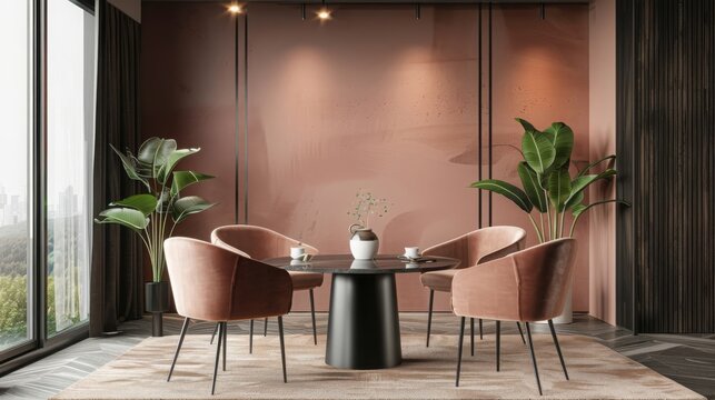 Peach fuzz 2024 trend color of the year in the luxury dining lounge room. Painted mockup wall for art - terracota color. Mockup modern room design interior home. Accent trend details chair. 3d render 