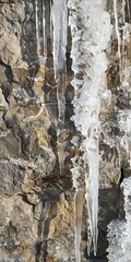 Ice clinging to cliff face, close up, winterâ€™s art on rock 