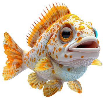 Angled view of a smiling 3D cartoon illustration of swimming captivating Jewel Cichlid Fish isolated on a white transparent background.