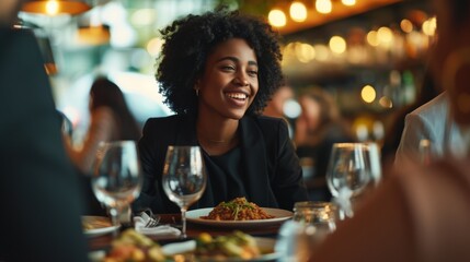 Happy entrepreneur talks to her coworkers during business lunch in restaurant - obrazy, fototapety, plakaty