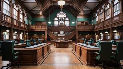 A Realistic and Detailed Interior of a Courtroom - obrazy, fototapety, plakaty