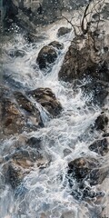 Snowmelt rushing down mountain, close up, spring thaw, lively waters 