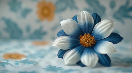   A blue-and-white flower sits atop a bedding covered in matching blue-and-white wallpaper, its own bloom resting there as well - obrazy, fototapety, plakaty