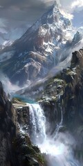 Waterfall cascade over cliff, close up, sheer power, mountain backdrop 