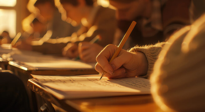 A group of students writing on their test papers in the classroom
