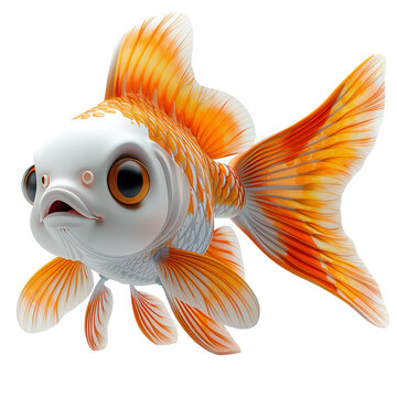 Angled view of a smiling 3D cartoon illustration of swimming sleek Swordtail Fish isolated on a white transparent background.