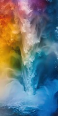 Rainbow in waterfall, close up, misty day, color spectrum dance 
