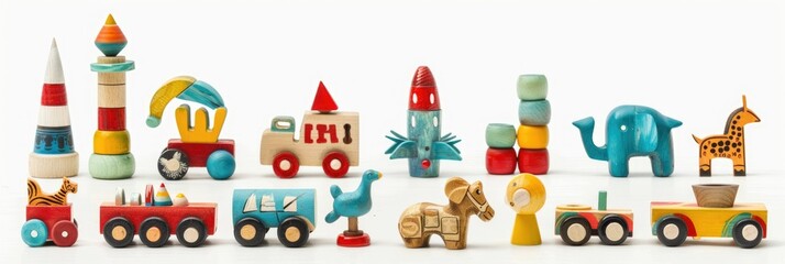 Isolated Set of Vintage Wooden Toys