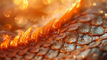 The intricate patterns of a dragon's scales illuminated by the golden light of dawn, casting...
