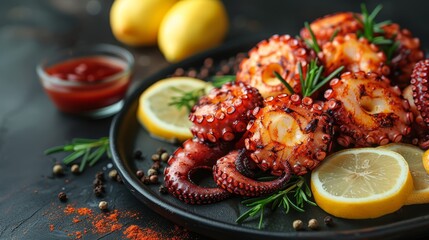   A table holds a plate of octopus, garnished with sliced lemons and lemon wedges Ketchup is also present Nearby, spices and additional lemons