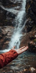 Hikerâ€™s hand in waterfall, close up, feeling the chill, mountain adventure