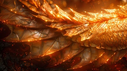The intricate patterns of a dragon's scales illuminated by the golden light of dawn, casting shimmering reflections - obrazy, fototapety, plakaty