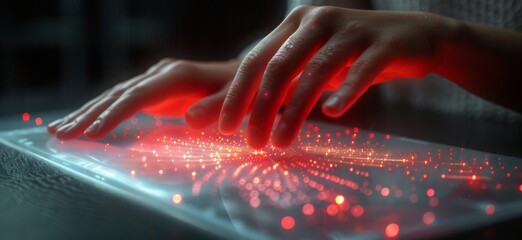 Futuristic Red Light Interface with Human Interaction. - obrazy, fototapety, plakaty